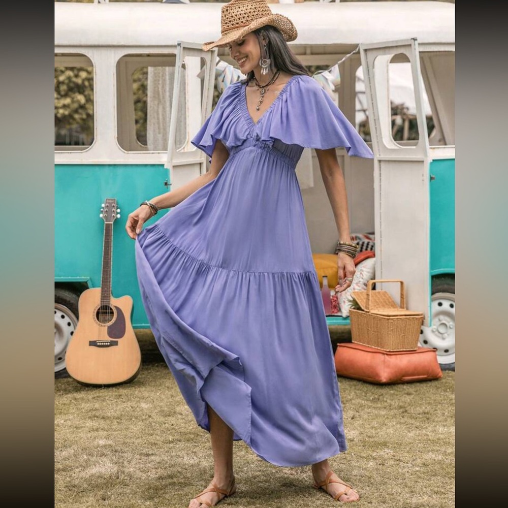 #133 Ruffled Lavender Maxi Dress elastic waist 100% Viscose